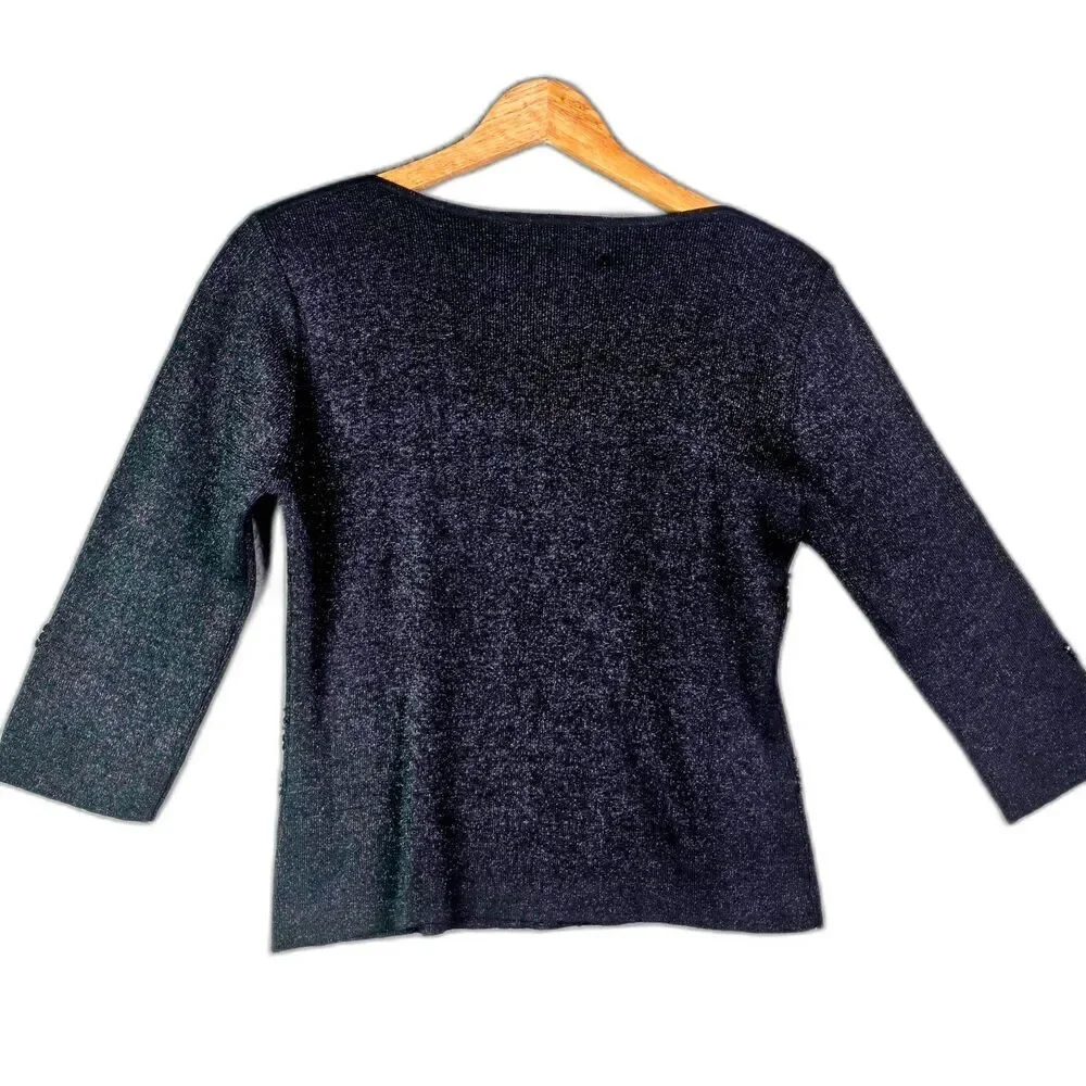 Joseph A L Black Sequin Silk Metallic Sweater Top 3/4 Sleeve